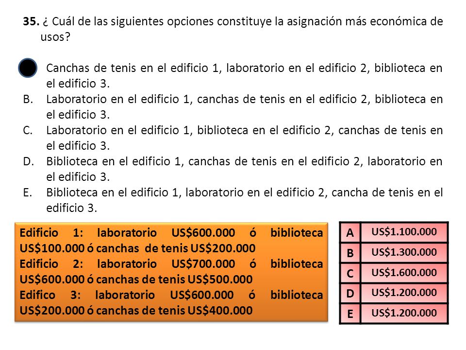 35. ¿ Cuál de las siguientes opciones constituye la asignación más económica de usos