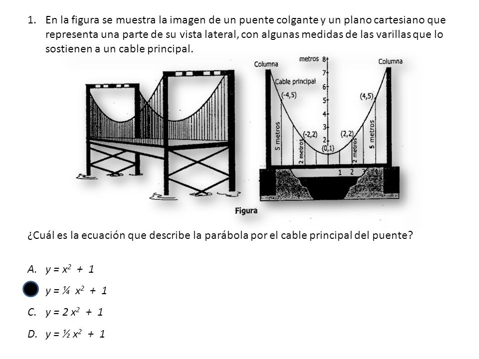 En la figura se muestra la imagen de un puente colgante y un plano cartesiano que representa una parte de su vista lateral, con algunas medidas de las varillas que lo sostienen a un cable principal.
