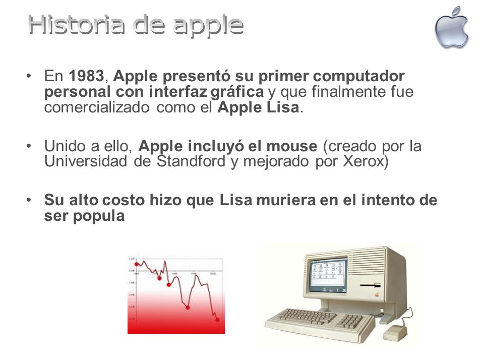 Historia de apple En 1983, Apple presentó su primer computador personal con interfaz gráfica y que finalmente fue comercializado como el Apple Lisa.