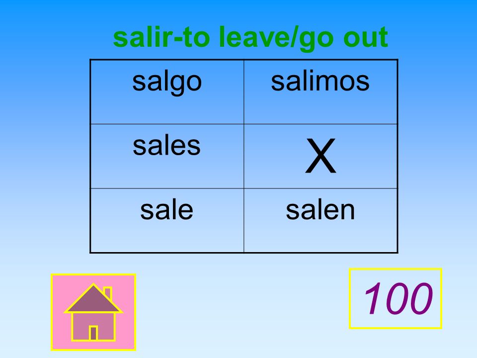 salir-to leave/go out salgo salimos sales X sale salen 100