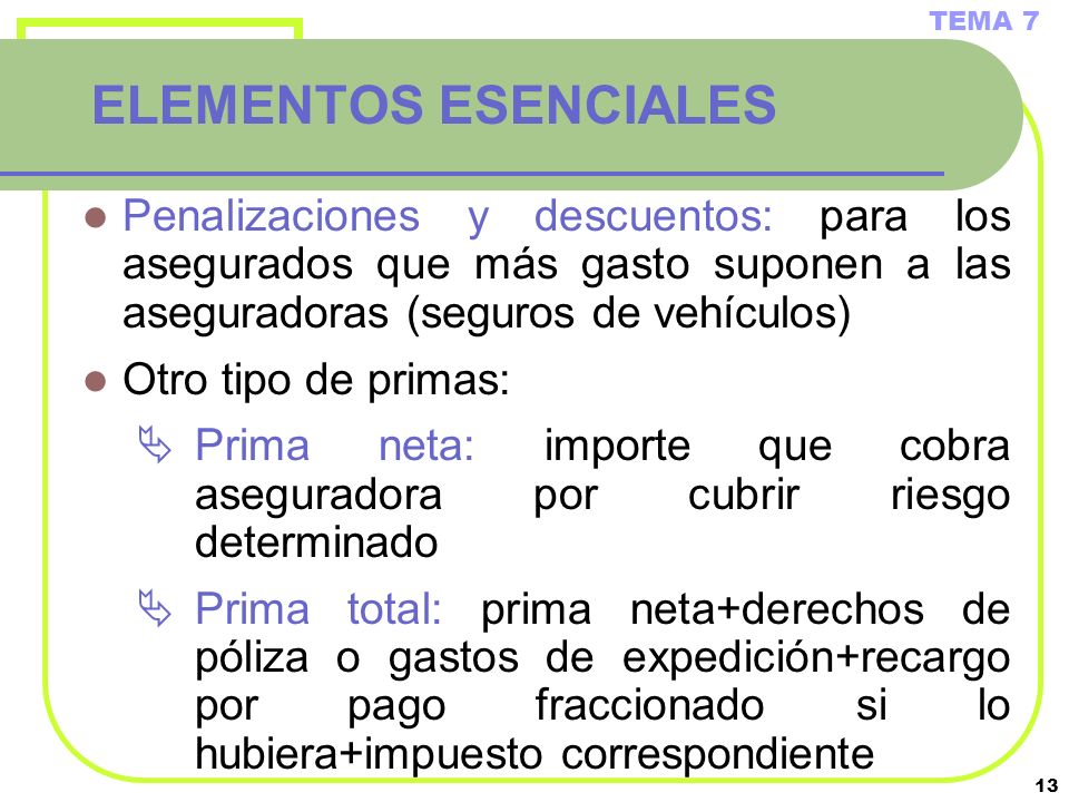 TEMA 7 ELEMENTOS ESENCIALES. Penalizaciones y descuentos: para los asegurados que más gasto suponen a las aseguradoras (seguros de vehículos)