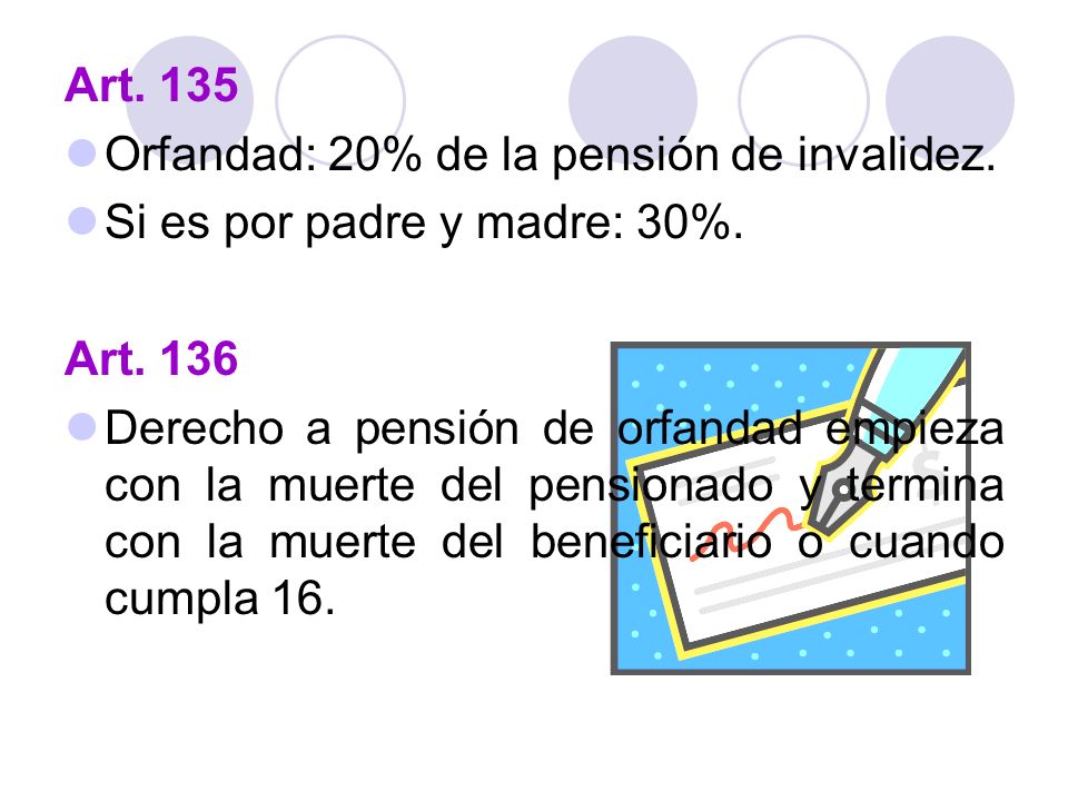Art. 135 Orfandad: 20% de la pensión de invalidez. Si es por padre y madre: 30%. Art