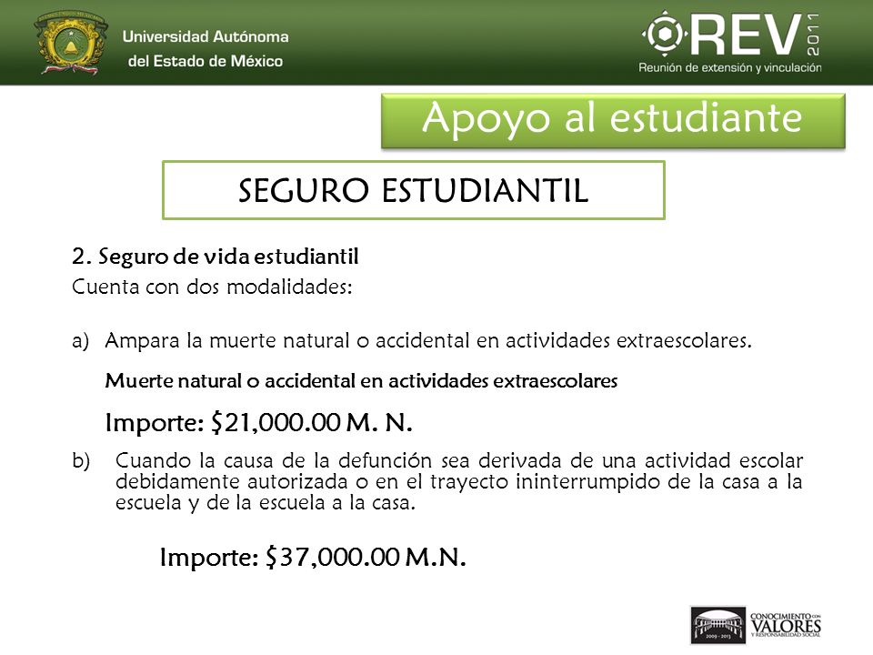 Apoyo al estudiante SEGURO ESTUDIANTIL Importe: $21, M. N.