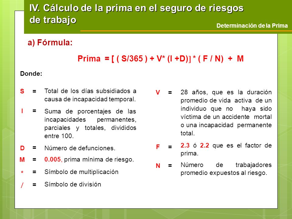Prima = [ ( S/365 ) + V* (I +D) * ( F / N) + M