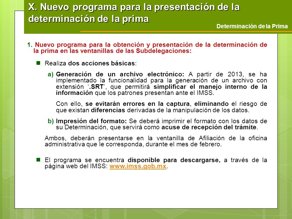 X. Nuevo programa para la presentación de la determinación de la prima