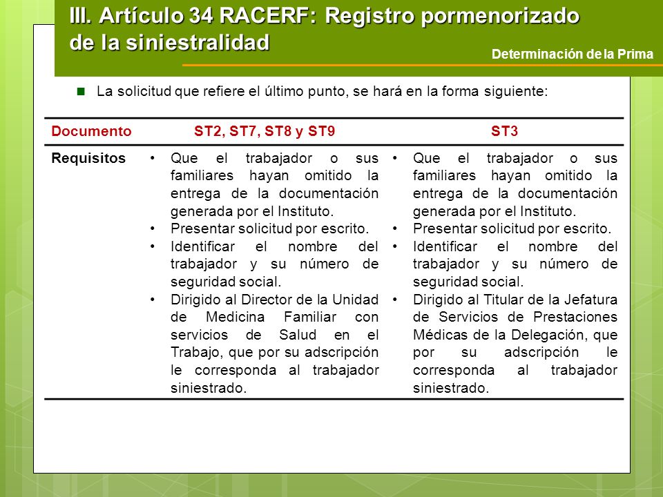 III. Artículo 34 RACERF: Registro pormenorizado de la siniestralidad