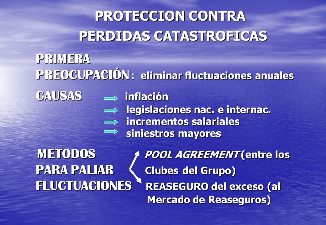 PROTECCION CONTRA PERDIDAS CATASTROFICAS PRIMERA PREOCUPACIÓN : eliminar fluctuaciones anuales CAUSAS inflación legislaciones nac.