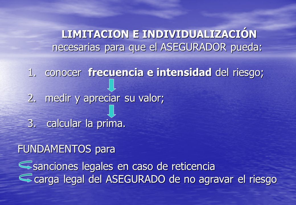 LIMITACION E INDIVIDUALIZACIÓN necesarias para que el ASEGURADOR pueda: 1. conocer frecuencia e intensidad del riesgo; 2. medir y apreciar su valor; 3.