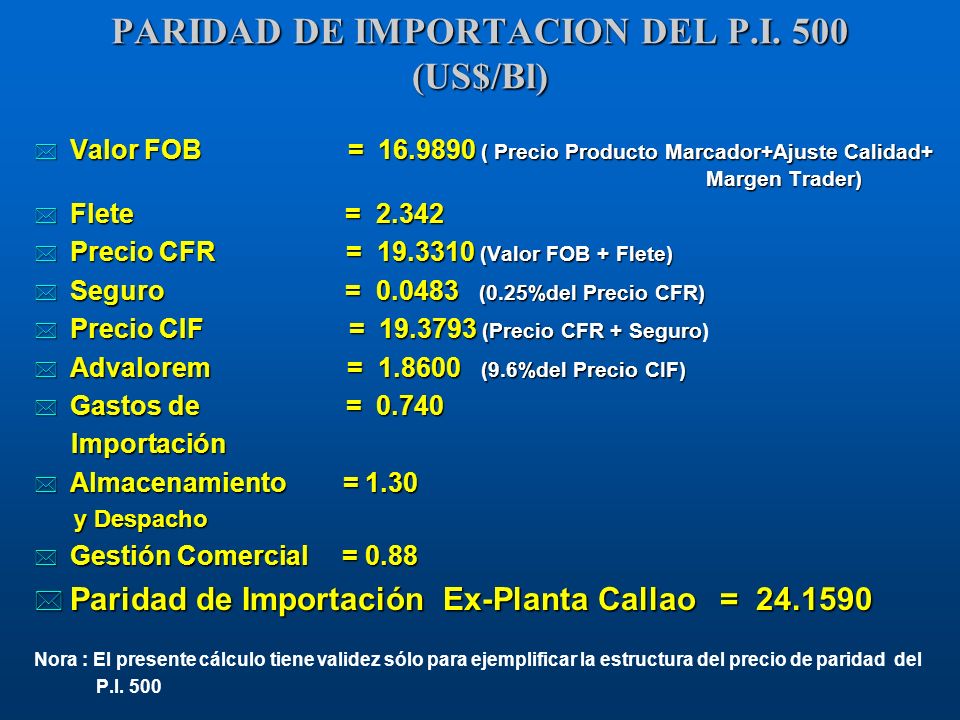 PARIDAD DE IMPORTACION DEL P.I. 500 (US$/Bl)