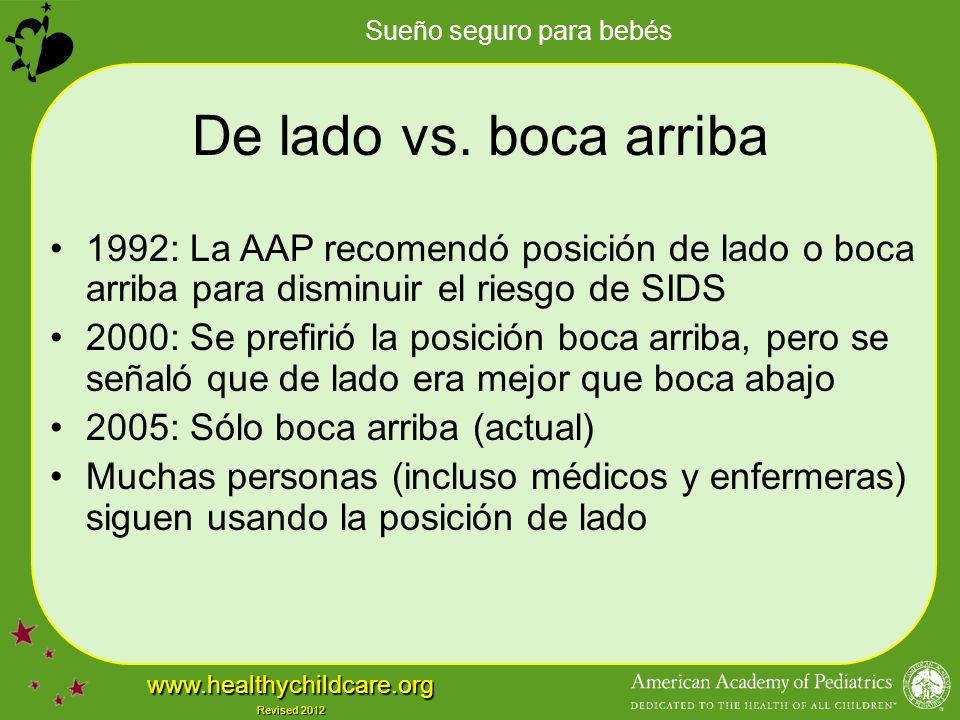 De lado vs. boca arriba 1992: La AAP recomendó posición de lado o boca arriba para disminuir el riesgo de SIDS.