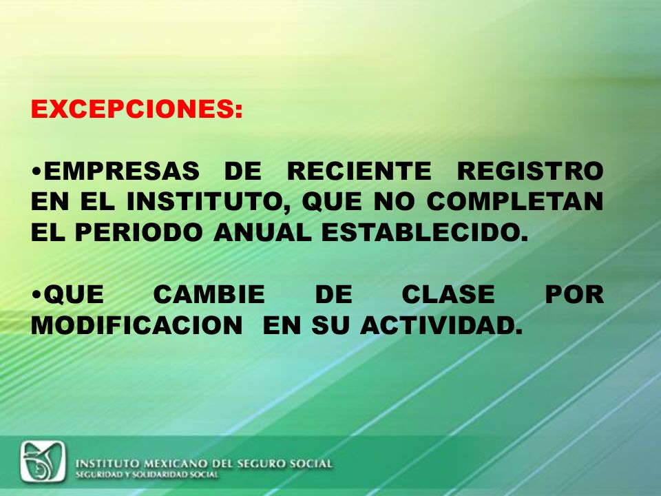 EXCEPCIONES: EMPRESAS DE RECIENTE REGISTRO EN EL INSTITUTO, QUE NO COMPLETAN EL PERIODO ANUAL ESTABLECIDO.