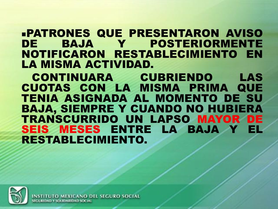 PATRONES QUE PRESENTARON AVISO DE BAJA Y POSTERIORMENTE NOTIFICARON RESTABLECIMIENTO EN LA MISMA ACTIVIDAD.