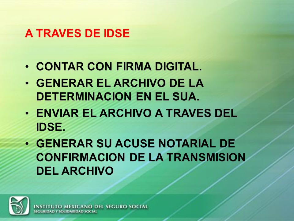 A TRAVES DE IDSE CONTAR CON FIRMA DIGITAL. GENERAR EL ARCHIVO DE LA DETERMINACION EN EL SUA. ENVIAR EL ARCHIVO A TRAVES DEL IDSE.