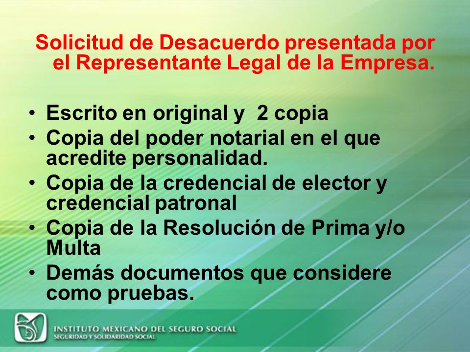 Solicitud de Desacuerdo presentada por el Representante Legal de la Empresa.