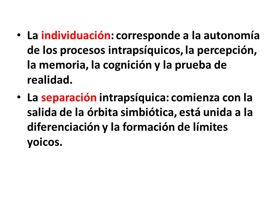 La individuación: corresponde a la autonomía de los procesos intrapsíquicos, la percepción, la memoria, la cognición y la prueba de realidad.