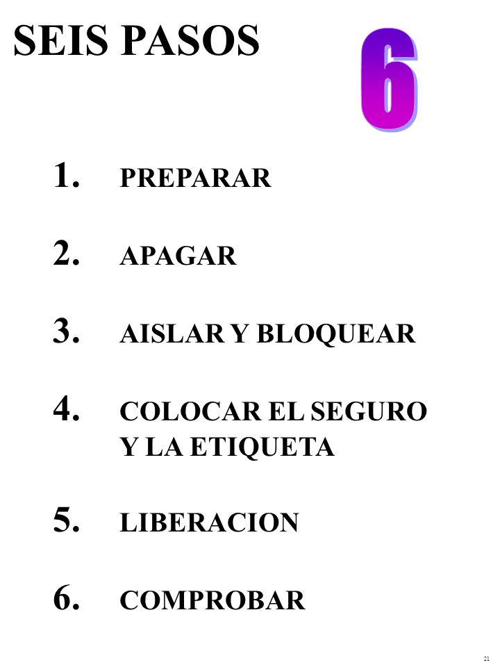 6 SEIS PASOS 1. PREPARAR 2. APAGAR 3. AISLAR Y BLOQUEAR