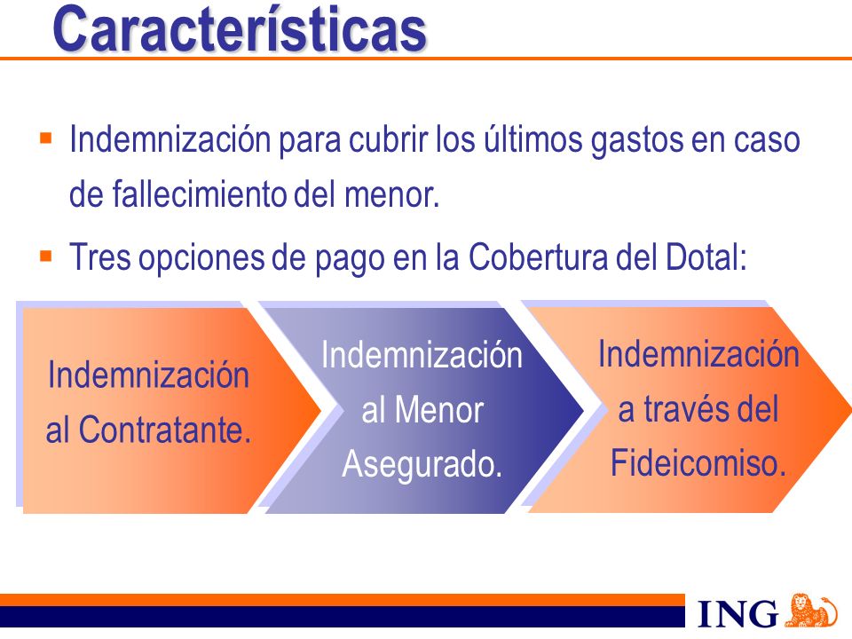 Características Indemnización para cubrir los últimos gastos en caso de fallecimiento del menor. Tres opciones de pago en la Cobertura del Dotal: