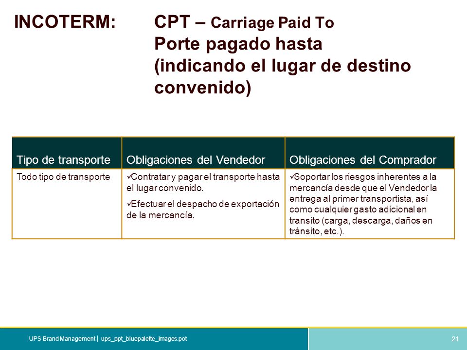 INCOTERM:. CPT – Carriage Paid To. Porte pagado hasta