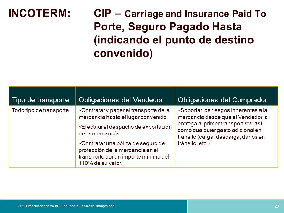INCOTERM:. CIP – Carriage and Insurance Paid To