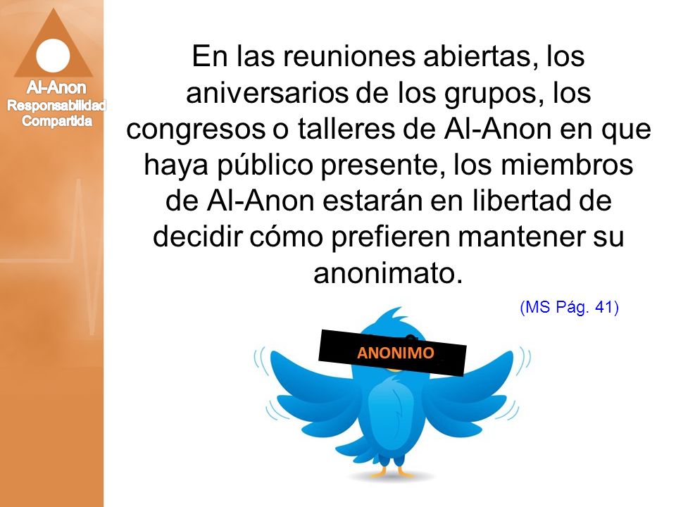 En las reuniones abiertas, los aniversarios de los grupos, los congresos o talleres de Al-Anon en que haya público presente, los miembros de Al-Anon estarán en libertad de decidir cómo prefieren mantener su anonimato.