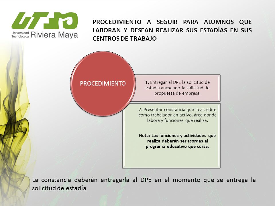 PROCEDIMIENTO A SEGUIR PARA ALUMNOS QUE LABORAN Y DESEAN REALIZAR SUS ESTADÍAS EN SUS CENTROS DE TRABAJO