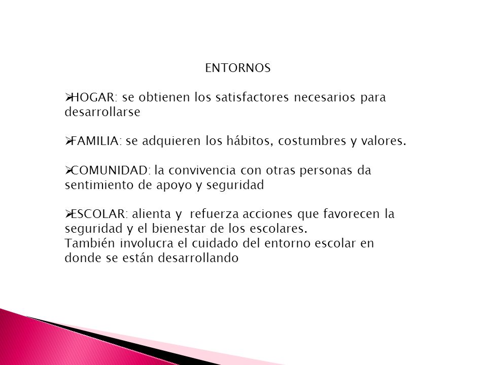 ENTORNOS HOGAR: se obtienen los satisfactores necesarios para desarrollarse. FAMILIA: se adquieren los hábitos, costumbres y valores.