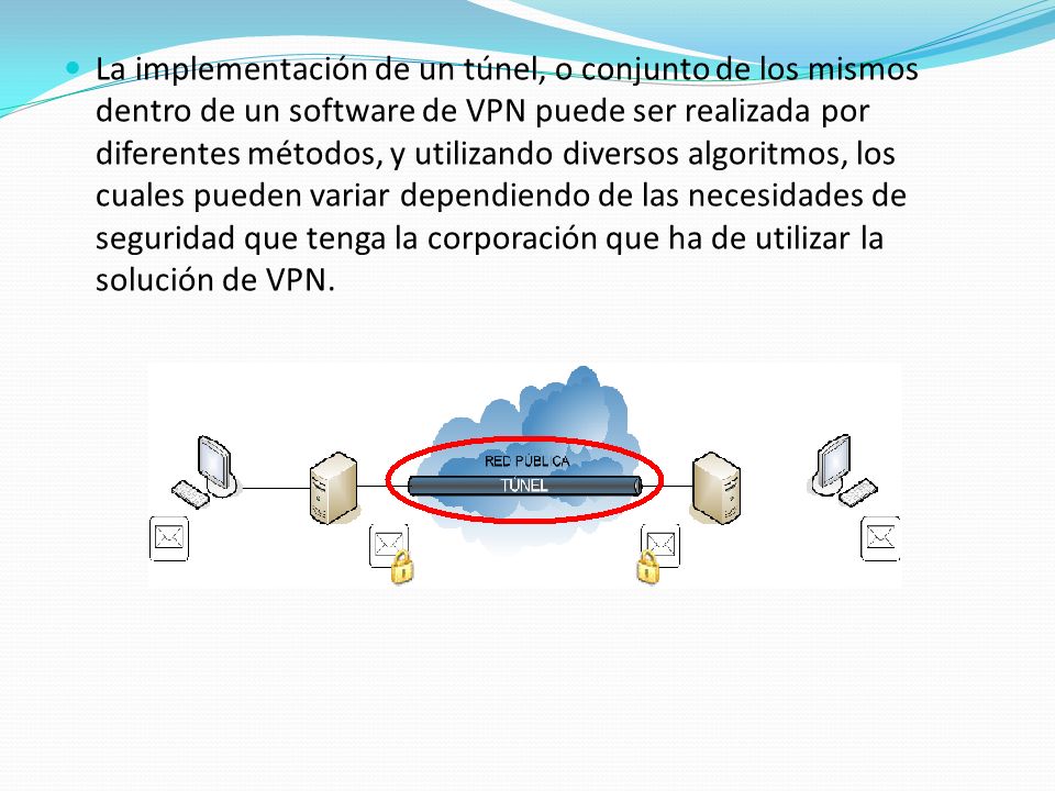 La implementación de un túnel, o conjunto de los mismos dentro de un software de VPN puede ser realizada por diferentes métodos, y utilizando diversos algoritmos, los cuales pueden variar dependiendo de las necesidades de seguridad que tenga la corporación que ha de utilizar la solución de VPN.