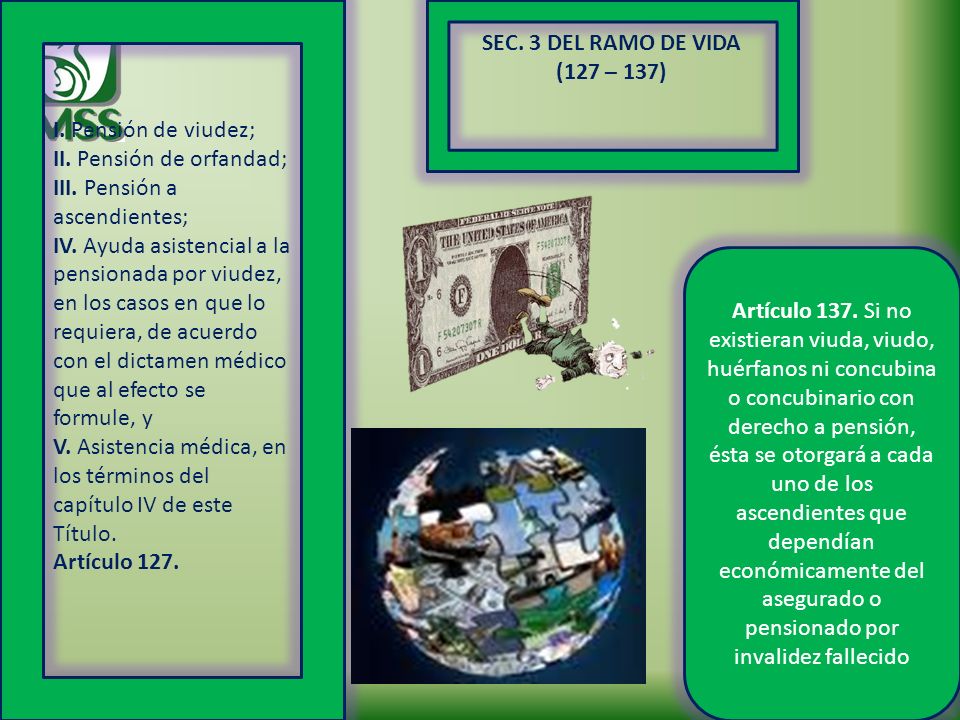 I. Pensión de viudez; II. Pensión de orfandad; III. Pensión a ascendientes;