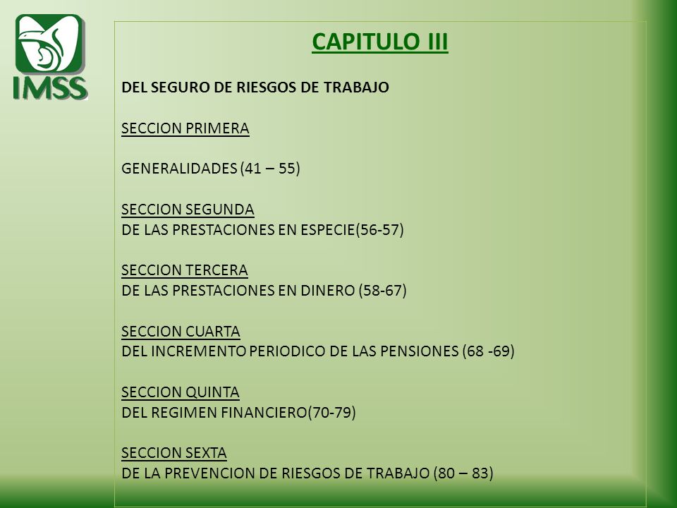 CAPITULO III DEL SEGURO DE RIESGOS DE TRABAJO SECCION PRIMERA