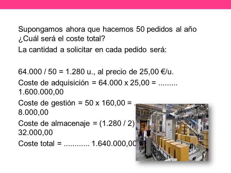 Supongamos ahora que hacemos 50 pedidos al año ¿Cuál será el coste total.