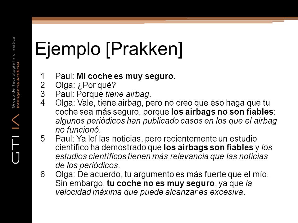 Ejemplo [Prakken] Paul: Mi coche es muy seguro. Olga: ¿Por qué