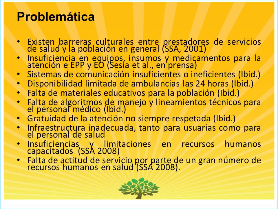 Problemática Existen barreras culturales entre prestadores de servicios de salud y la población en general (SSA, 2001)