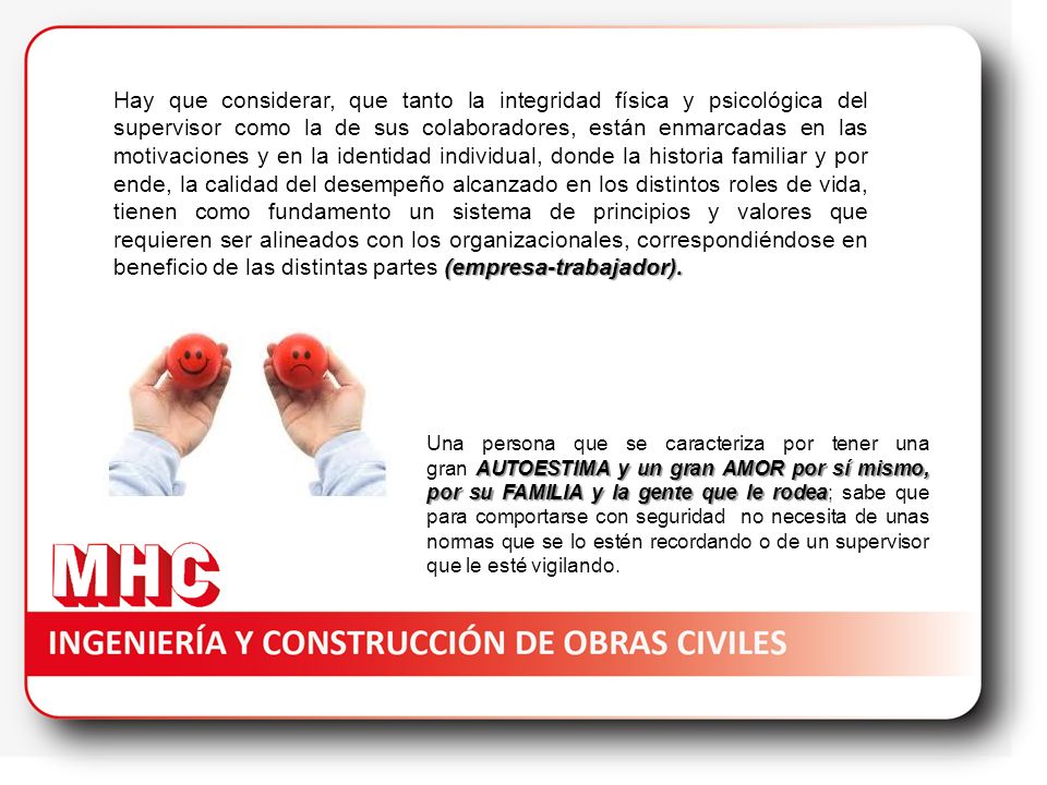 Hay que considerar, que tanto la integridad física y psicológica del supervisor como la de sus colaboradores, están enmarcadas en las motivaciones y en la identidad individual, donde la historia familiar y por ende, la calidad del desempeño alcanzado en los distintos roles de vida, tienen como fundamento un sistema de principios y valores que requieren ser alineados con los organizacionales, correspondiéndose en beneficio de las distintas partes (empresa-trabajador).