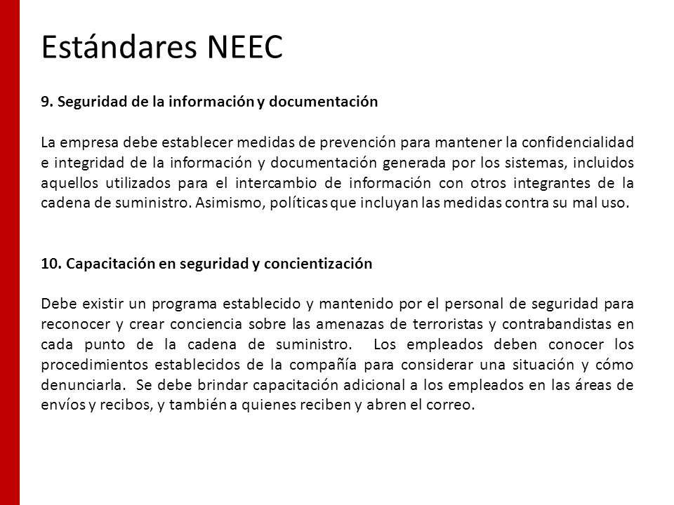 Estándares NEEC 9. Seguridad de la información y documentación