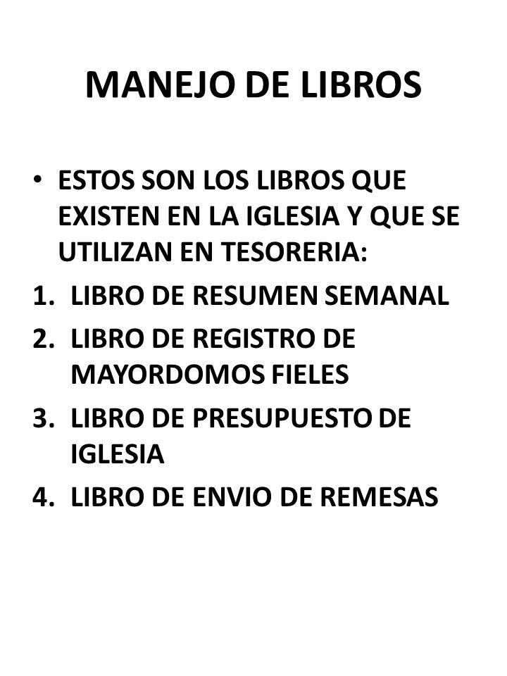 MANEJO DE LIBROS ESTOS SON LOS LIBROS QUE EXISTEN EN LA IGLESIA Y QUE SE UTILIZAN EN TESORERIA: LIBRO DE RESUMEN SEMANAL.