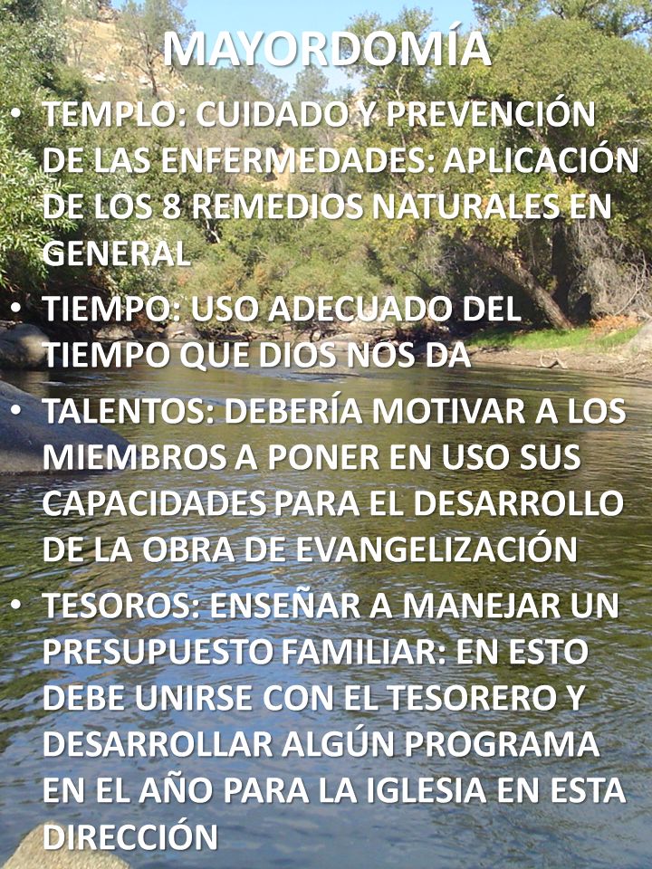 MAYORDOMÍA TEMPLO: CUIDADO Y PREVENCIÓN DE LAS ENFERMEDADES: APLICACIÓN DE LOS 8 REMEDIOS NATURALES EN GENERAL.