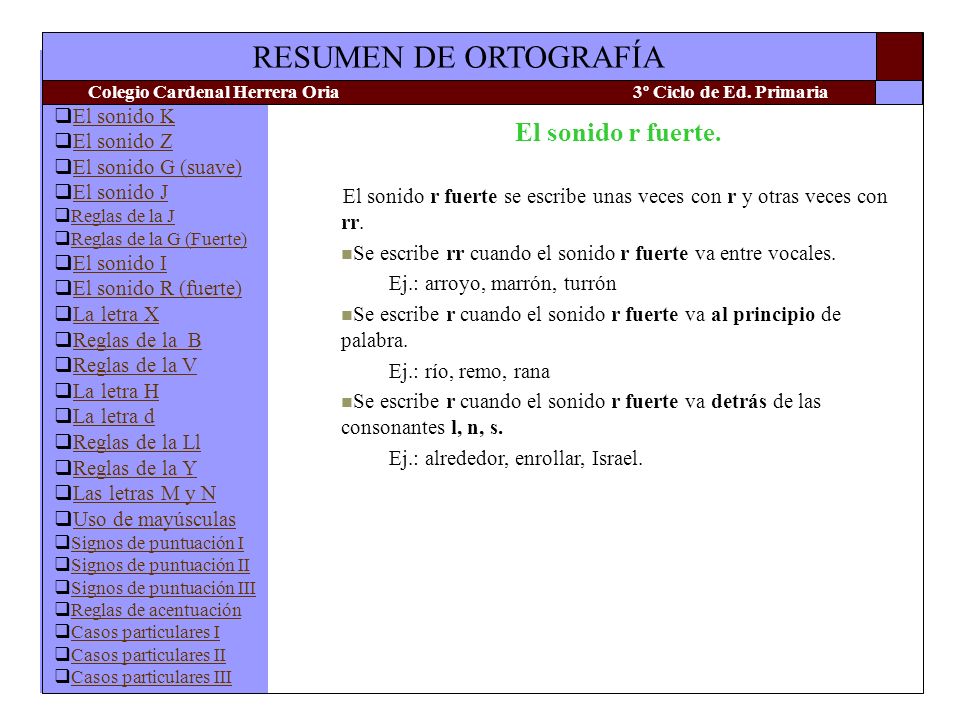 El sonido r fuerte. El sonido r fuerte se escribe unas veces con r y otras veces con rr. Se escribe rr cuando el sonido r fuerte va entre vocales.