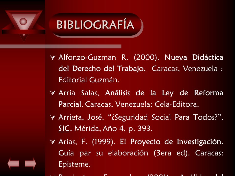 BIBLIOGRAFÍA Alfonzo-Guzman R. (2000). Nueva Didáctica del Derecho del Trabajo. Caracas, Venezuela : Editorial Guzmán.