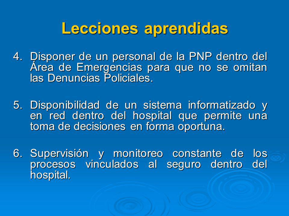 Lecciones aprendidas Disponer de un personal de la PNP dentro del Área de Emergencias para que no se omitan las Denuncias Policiales.