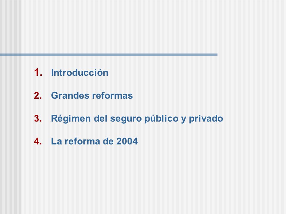 Introducción Grandes reformas Régimen del seguro público y privado