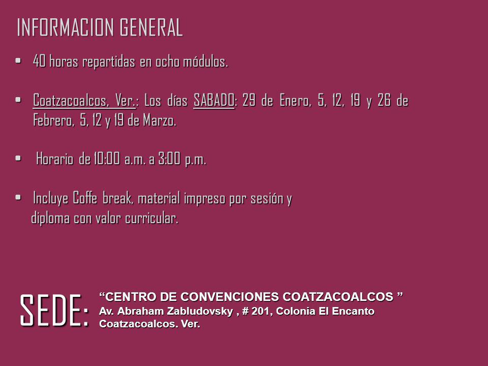 SEDE: INFORMACION GENERAL 40 horas repartidas en ocho módulos.