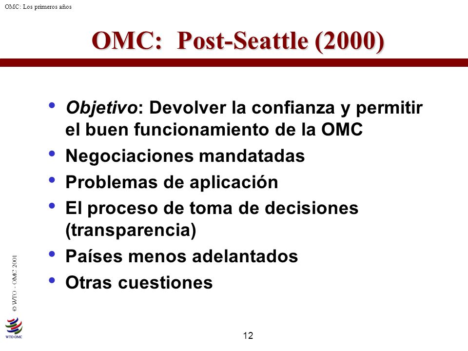 OMC: Post-Seattle (2000) Objetivo: Devolver la confianza y permitir el buen funcionamiento de la OMC.