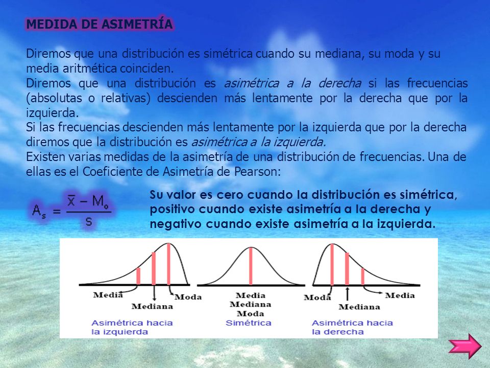 MEDIDA DE ASIMETRÍA Diremos que una distribución es simétrica cuando su mediana, su moda y su media aritmética coinciden.