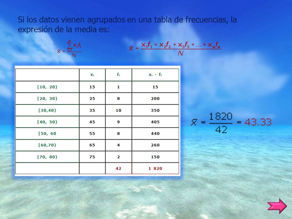 Si los datos vienen agrupados en una tabla de frecuencias, la expresión de la media es: