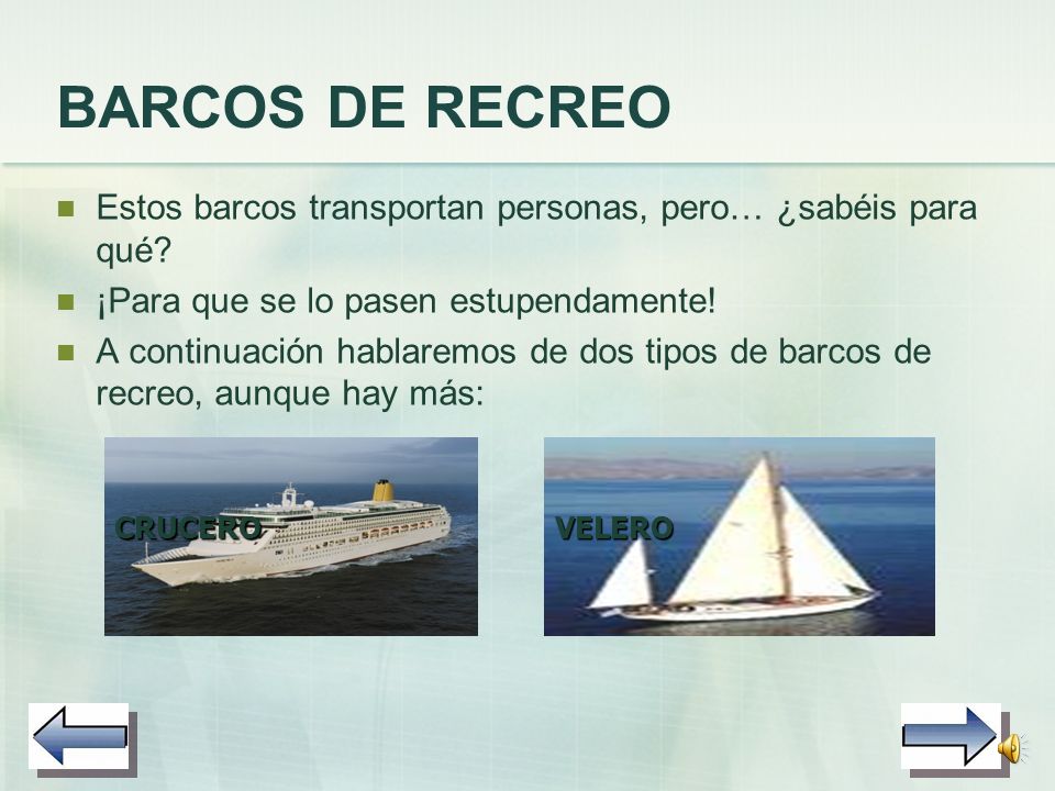 BARCOS DE RECREO Estos barcos transportan personas, pero… ¿sabéis para qué ¡Para que se lo pasen estupendamente!