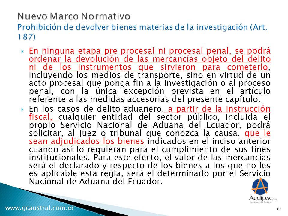 Nuevo Marco Normativo Prohibición de devolver bienes materias de la investigación (Art. 187)