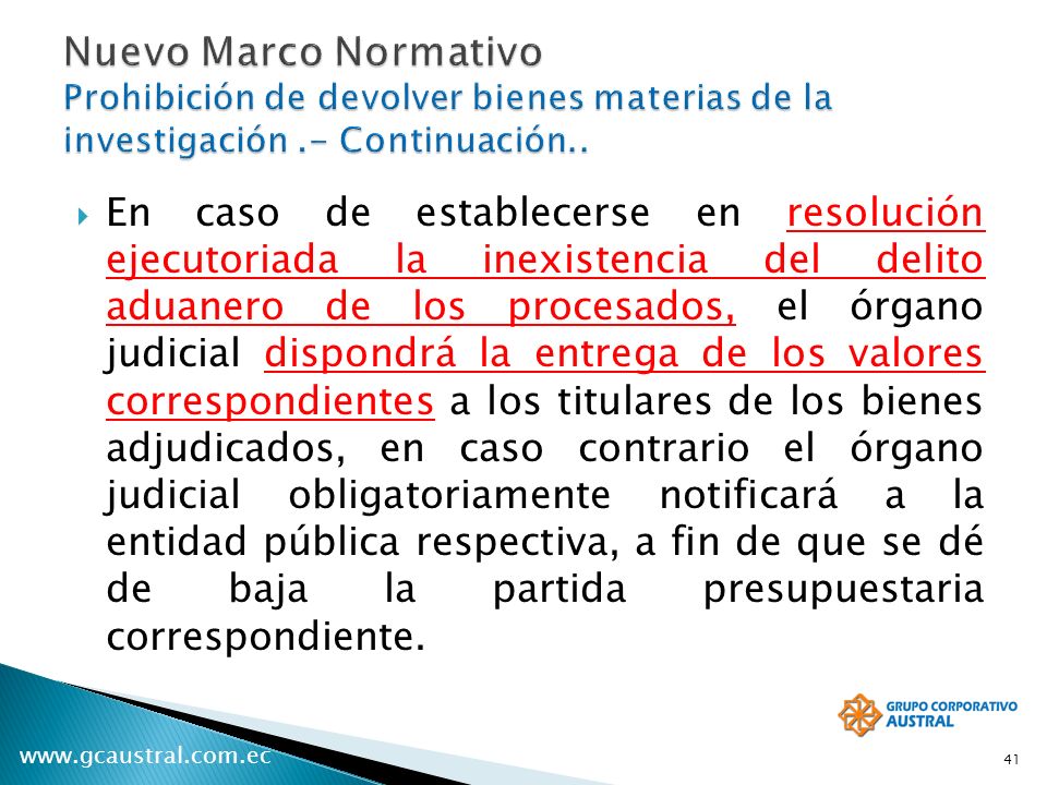 Nuevo Marco Normativo Prohibición de devolver bienes materias de la investigación .- Continuación..