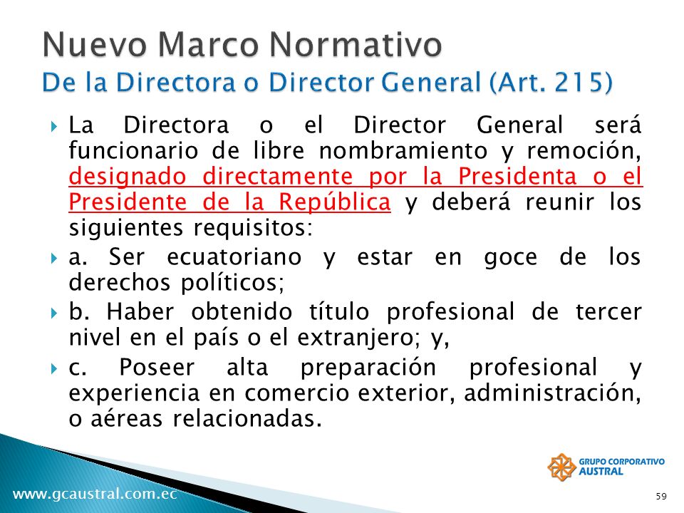 Nuevo Marco Normativo De la Directora o Director General (Art. 215)