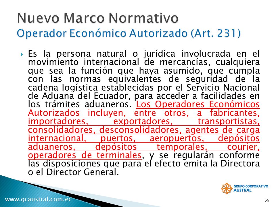 Nuevo Marco Normativo Operador Económico Autorizado (Art. 231)