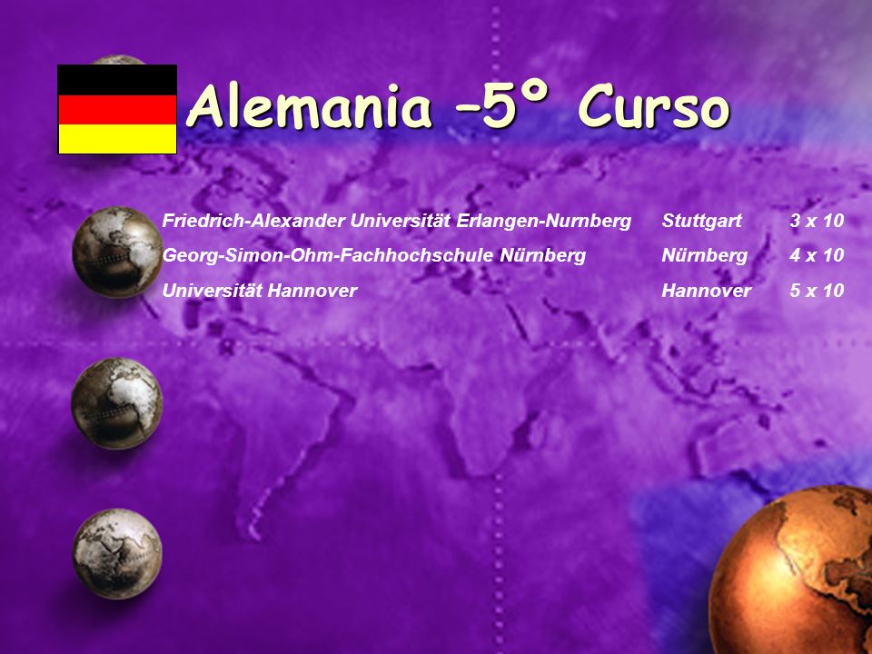 Alemania –5º Curso Friedrich-Alexander Universität Erlangen-Nurnberg Stuttgart 3 x 10. Georg-Simon-Ohm-Fachhochschule Nürnberg Nürnberg 4 x 10.